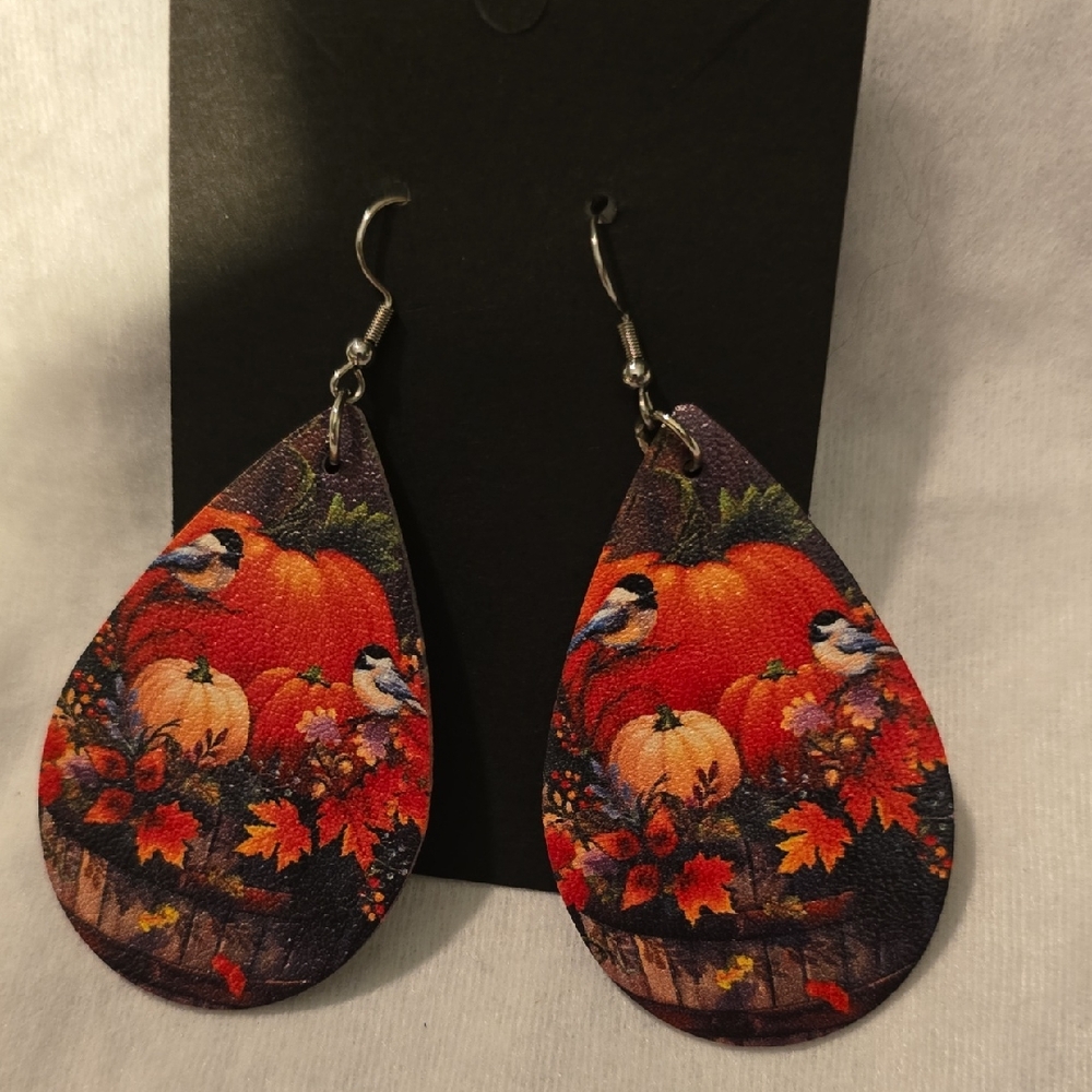 Charming Fall Teardrop Earrings with Pumpkins and Birds